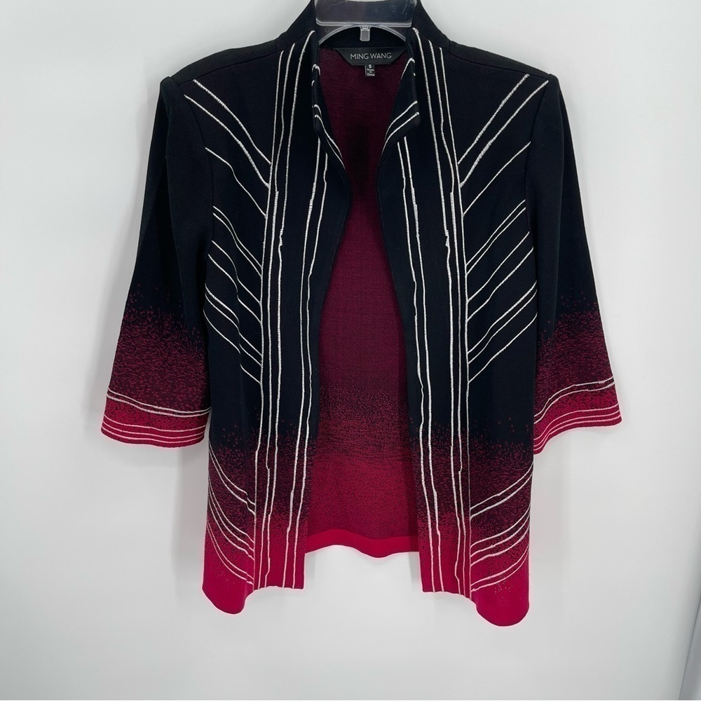 Ming Wang Womens size Small Open Cardigan Jacket Black Red white 3/4 sleeves - Picture 7 of 9